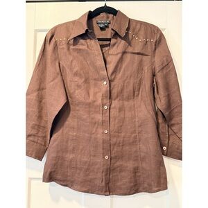 NWT Tracy M. Western-Style Brown Linen Button-Front Shirt Ladies Sz XL